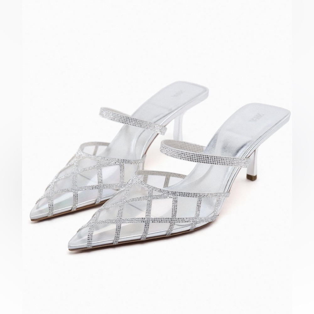 Zara Rhinestone Vinyl Silver Mules